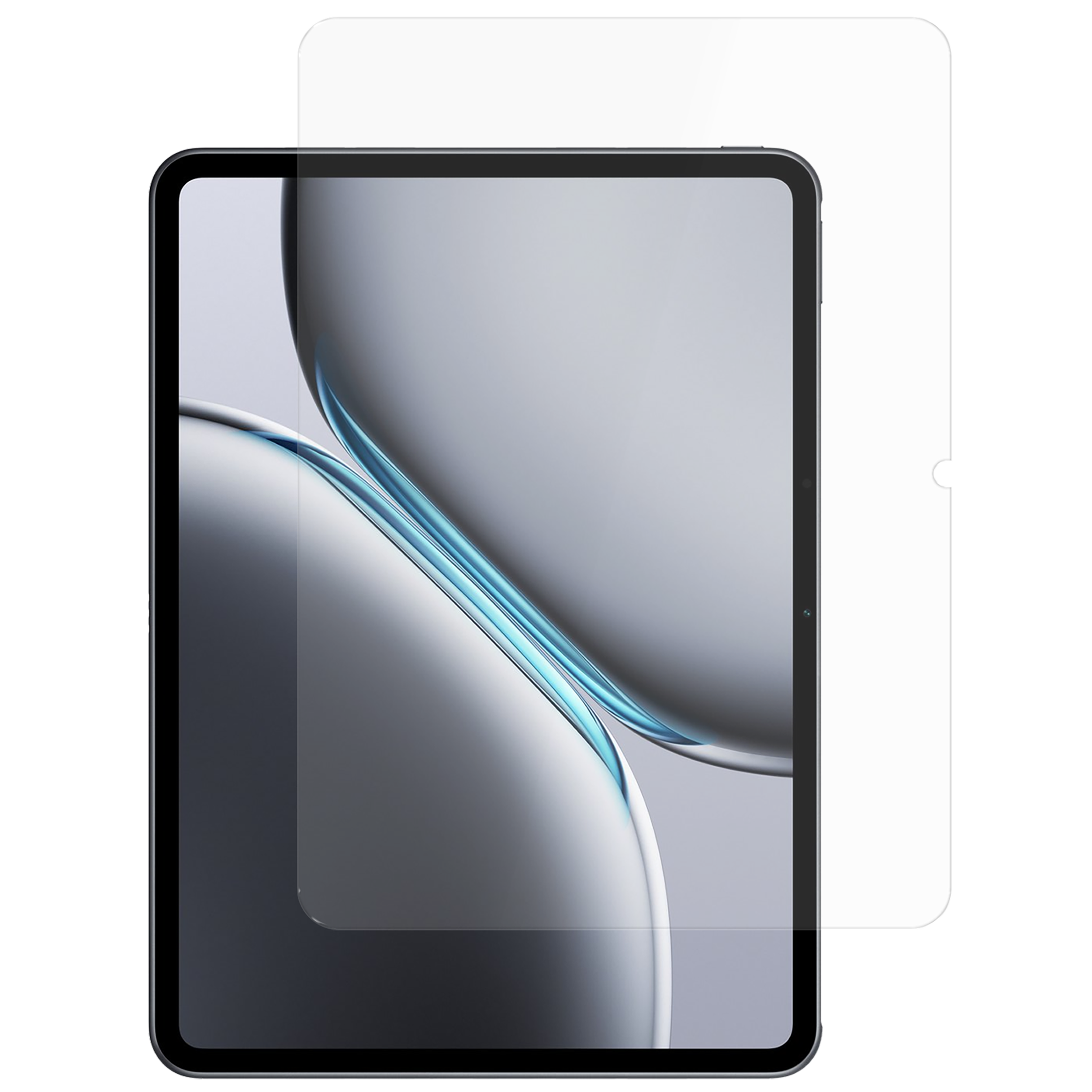 Tablet mit Displayschutz, der Bildschirm zeigt abstrakte Welle.