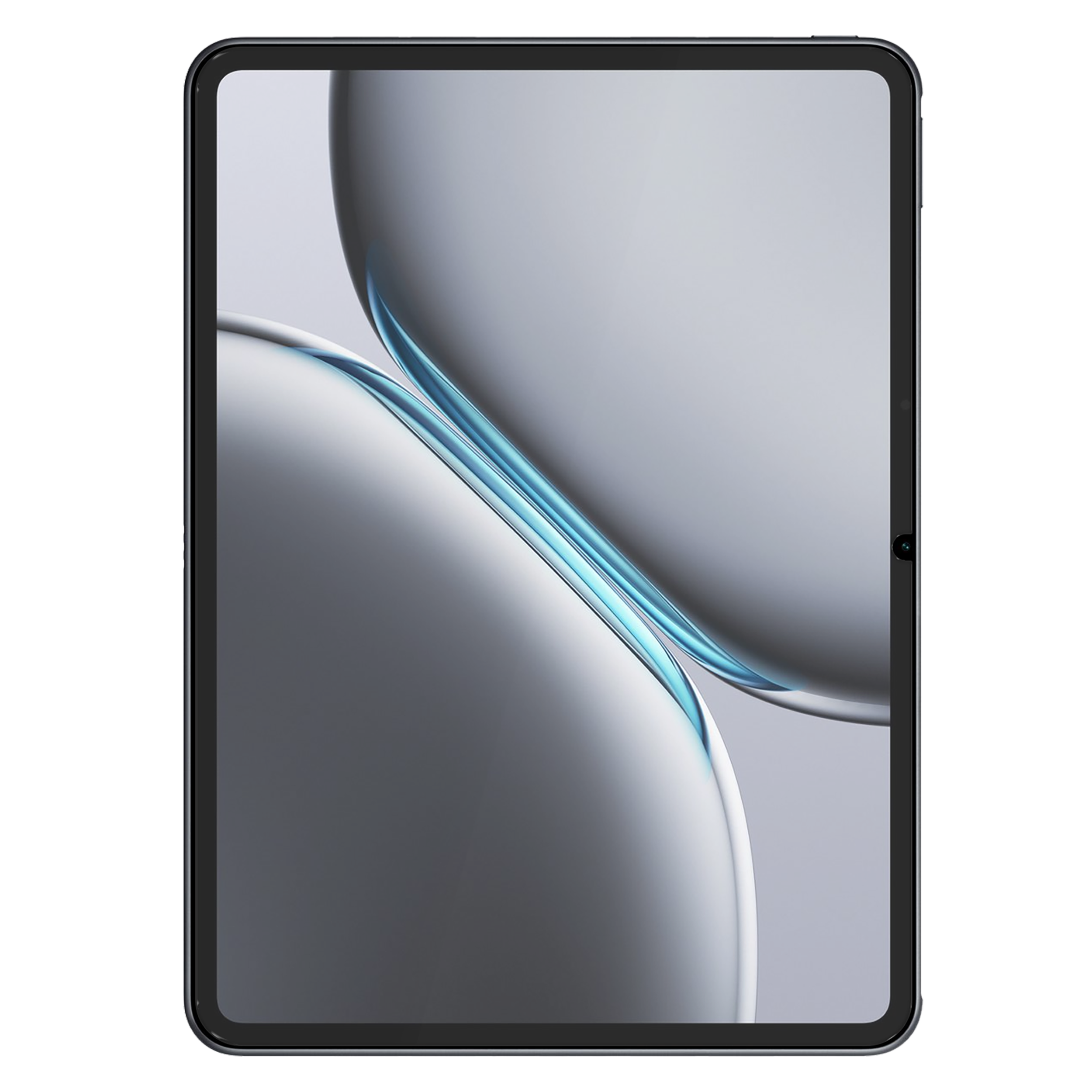 Tablet mit gebogenem Display. Der Bildschirm zeigt abstrakte weiße und blaue Formen.