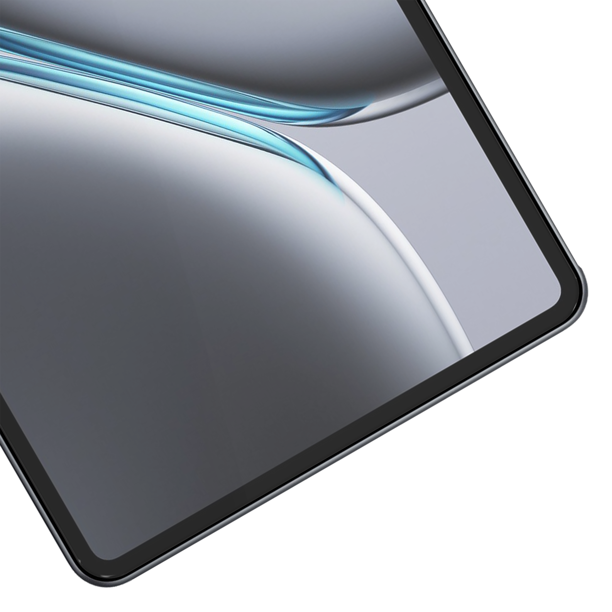 Tablet mit Displayschutz, Bildschirm zeigt abstrakte Wellen.