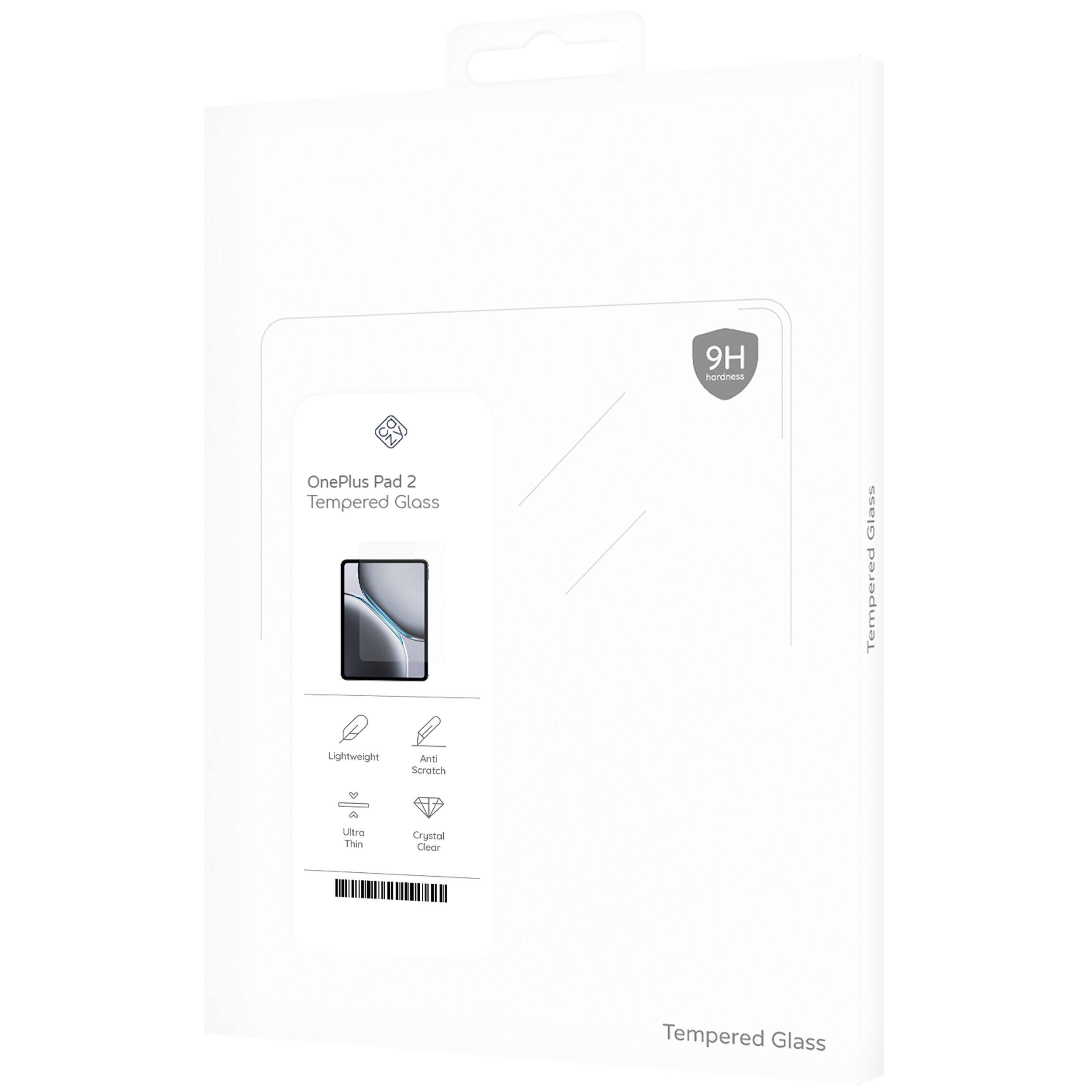 Weiße Schachtel für Displayschutzfolie. Es steht 'OnePlus Pad 2 Tempered Glass' darauf.