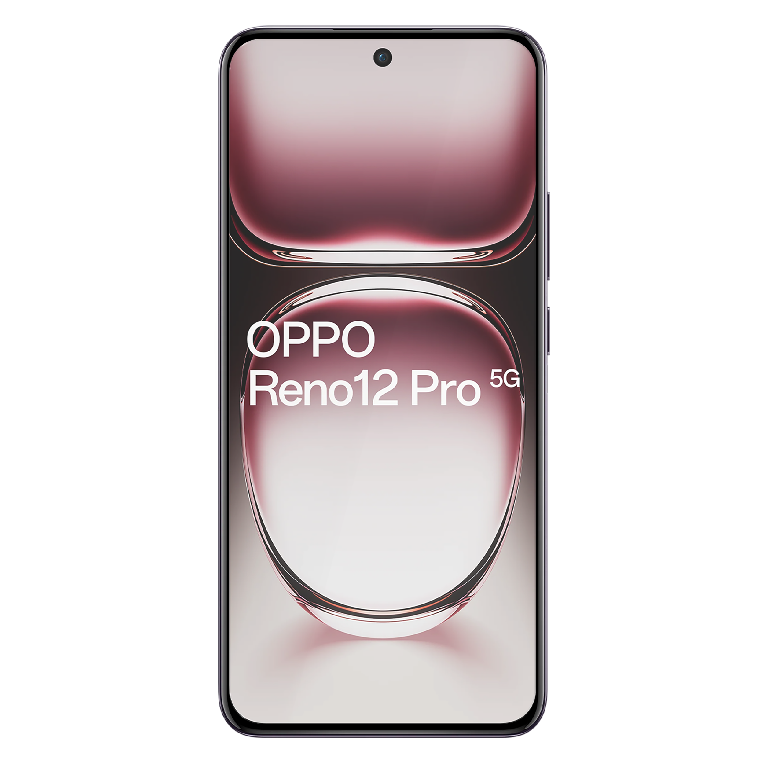 Smartphone mit Oppo Reno12 Pro 5G Logo. Der Bildschirm hat ein abstraktes rosa Design.
