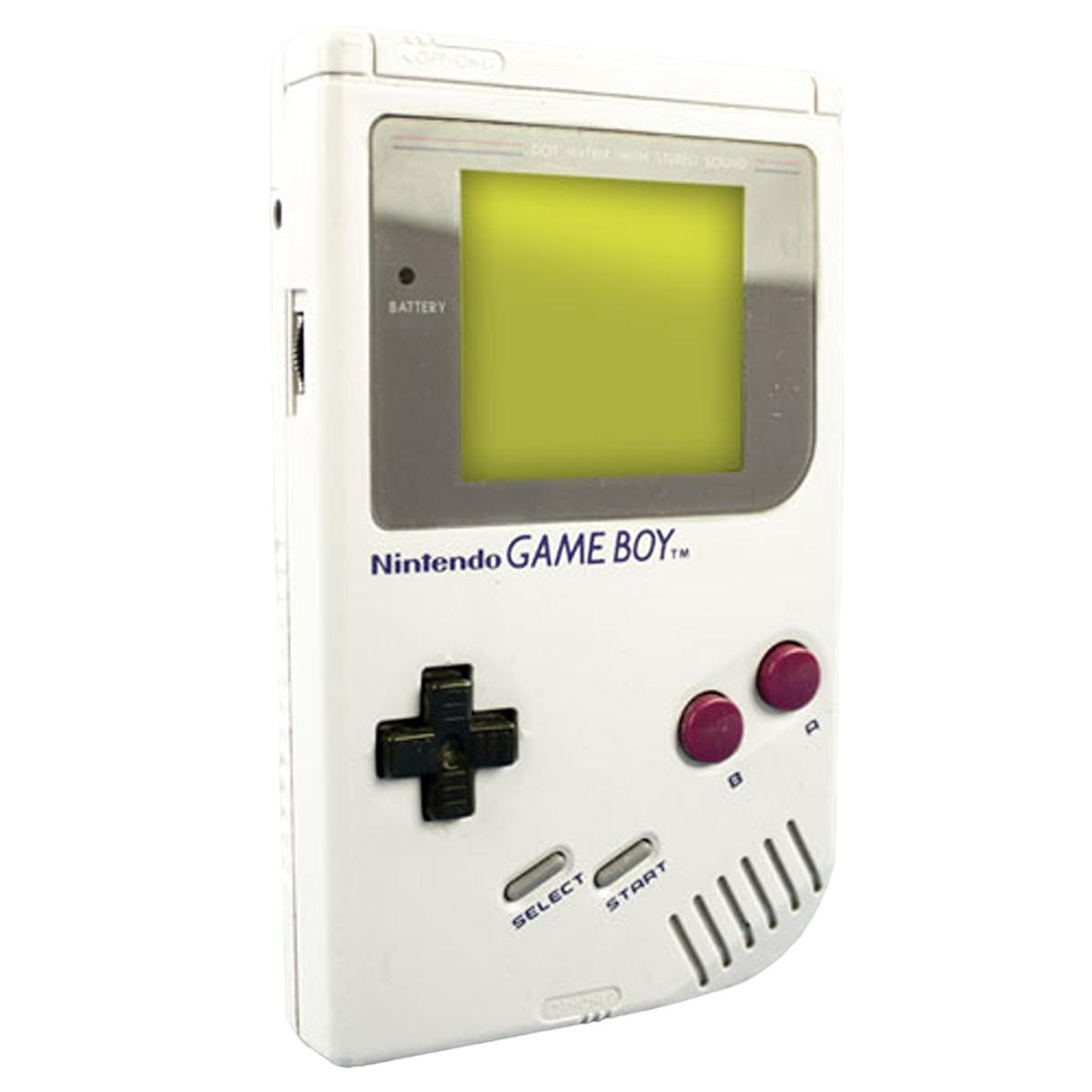Weißer Nintendo Game Boy. Graue Knöpfe, grüner Bildschirm und weißes Gehäuse.