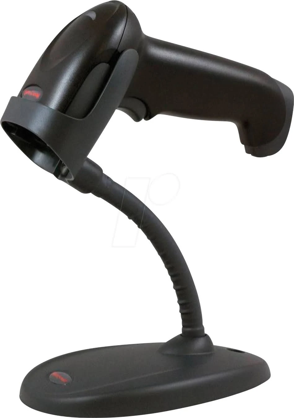 Ein schwarzer Barcodescanner auf einem Ständer. Der Scanner hat einen Griff.