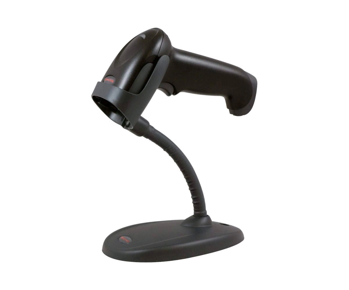 Ein schwarzer Barcode-Scanner auf einem Ständer. Der Scanner ist nach oben abgewinkelt.