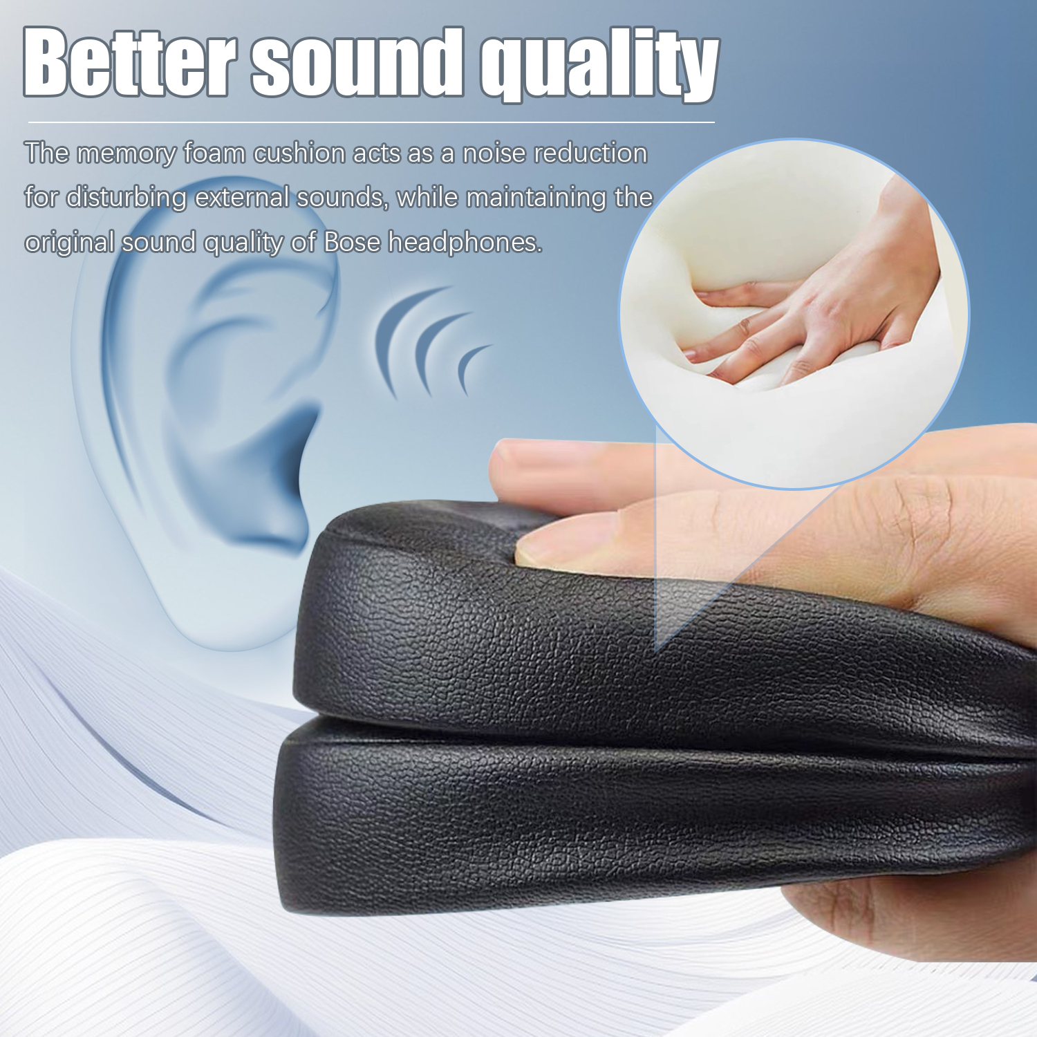 Dłoń dotykająca czarnej poduszki słuchawkowej. Grafika ucha.