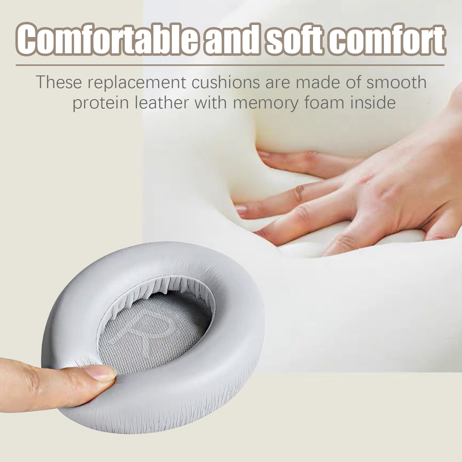 Dłoń dotykająca miękkiej, szarej poduszki na uszy. Tekst: 'Wygodny i miękki komfort'.