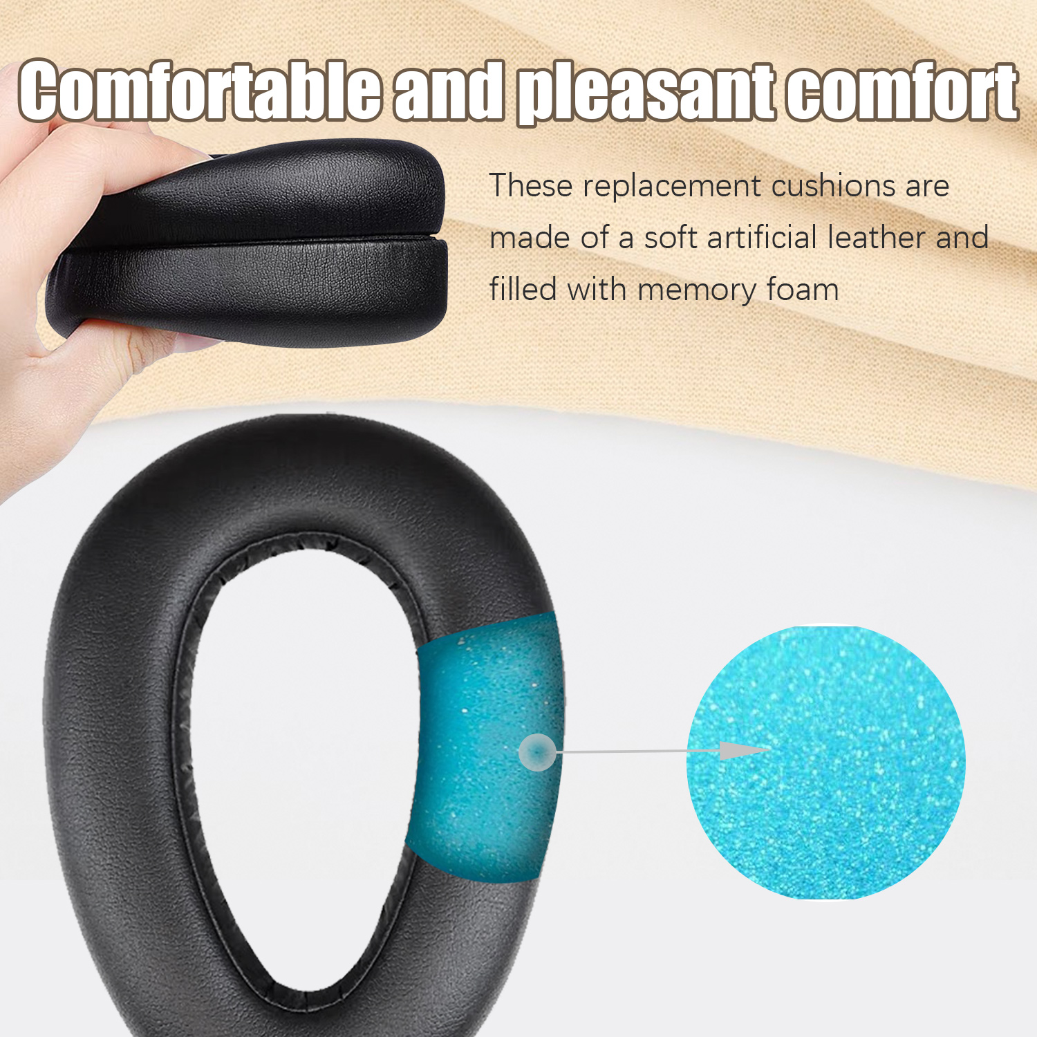 Czarne nauszniki z wycięciem pokazującym niebieskie wnętrze z pianki.