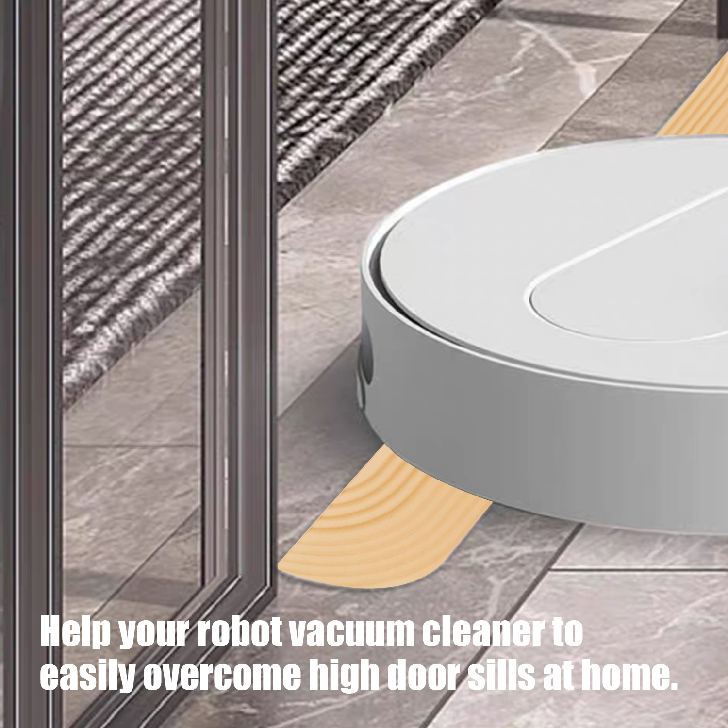 Robot odkurzacz pokonujący próg drzwi. Obraz pokazuje próg i rampę.