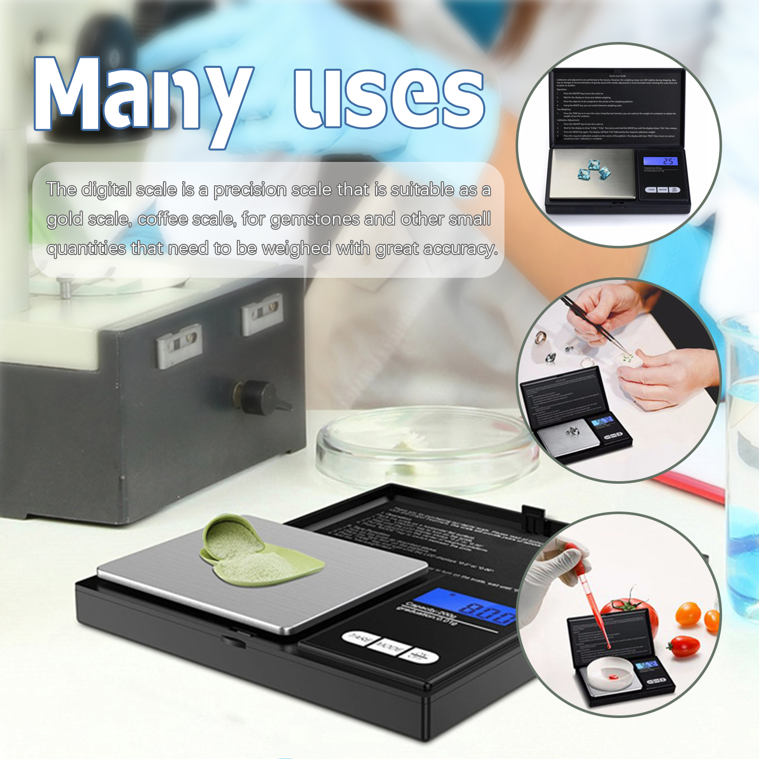 Waga cyfrowa z różnymi przedmiotami. Waga jest używana z kamieniami szlachetnymi, kawą i innymi małymi przedmiotami.