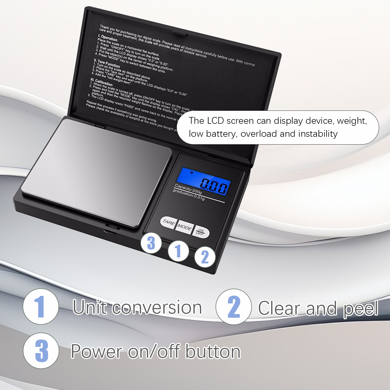 Waga cyfrowa z wyświetlaczem, trzema przyciskami i platformą ze stali nierdzewnej. Czarne tło.