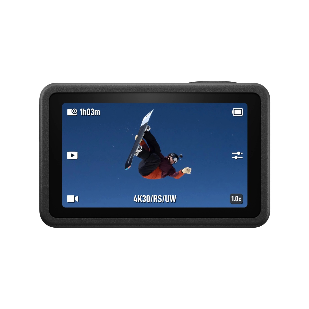 Action camera che registra uno snowboarder a mezz'aria durante un salto, con elementi UI.