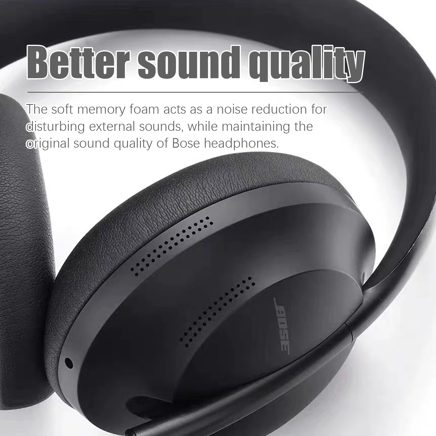 Zbliżenie czarnych słuchawek z nausznikami. Tekst powyżej brzmi: Lepsza jakość dźwięku.