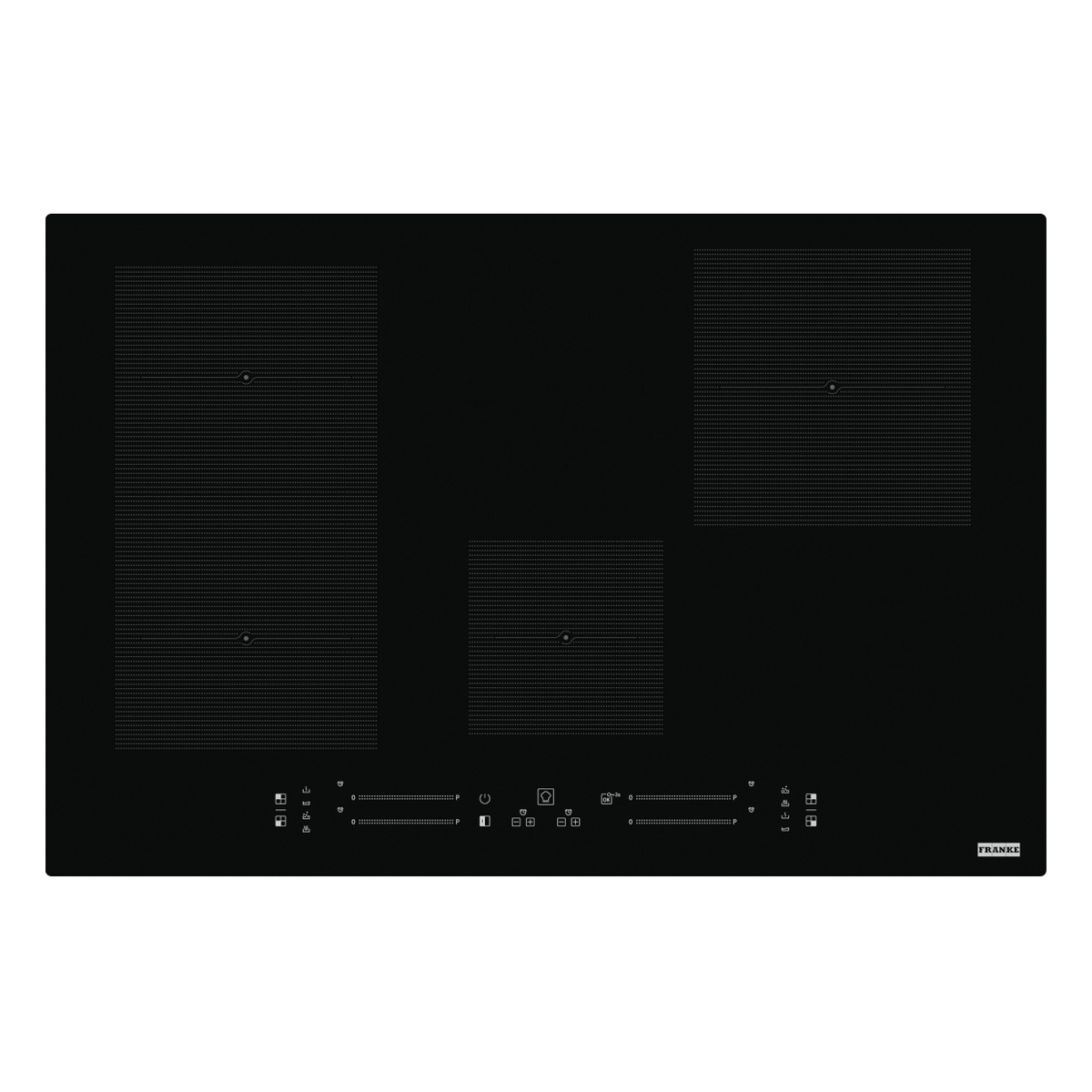 Piano cottura in vetro nero con 3 zone cottura e comandi touch. Design rettangolare e logo argento in basso.