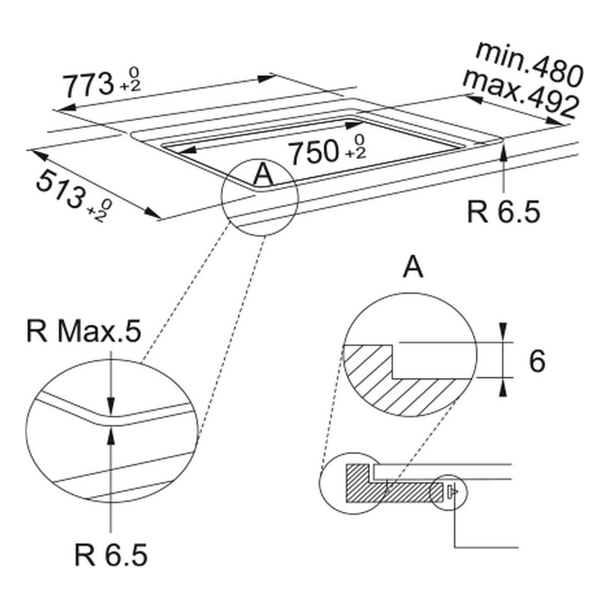 Disegno tecnico di un piano cottura con dimensioni e dettagli.