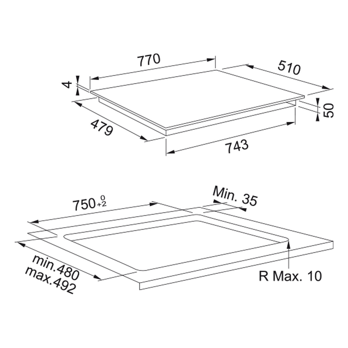 Diagramma di un piano cottura con dimensioni.