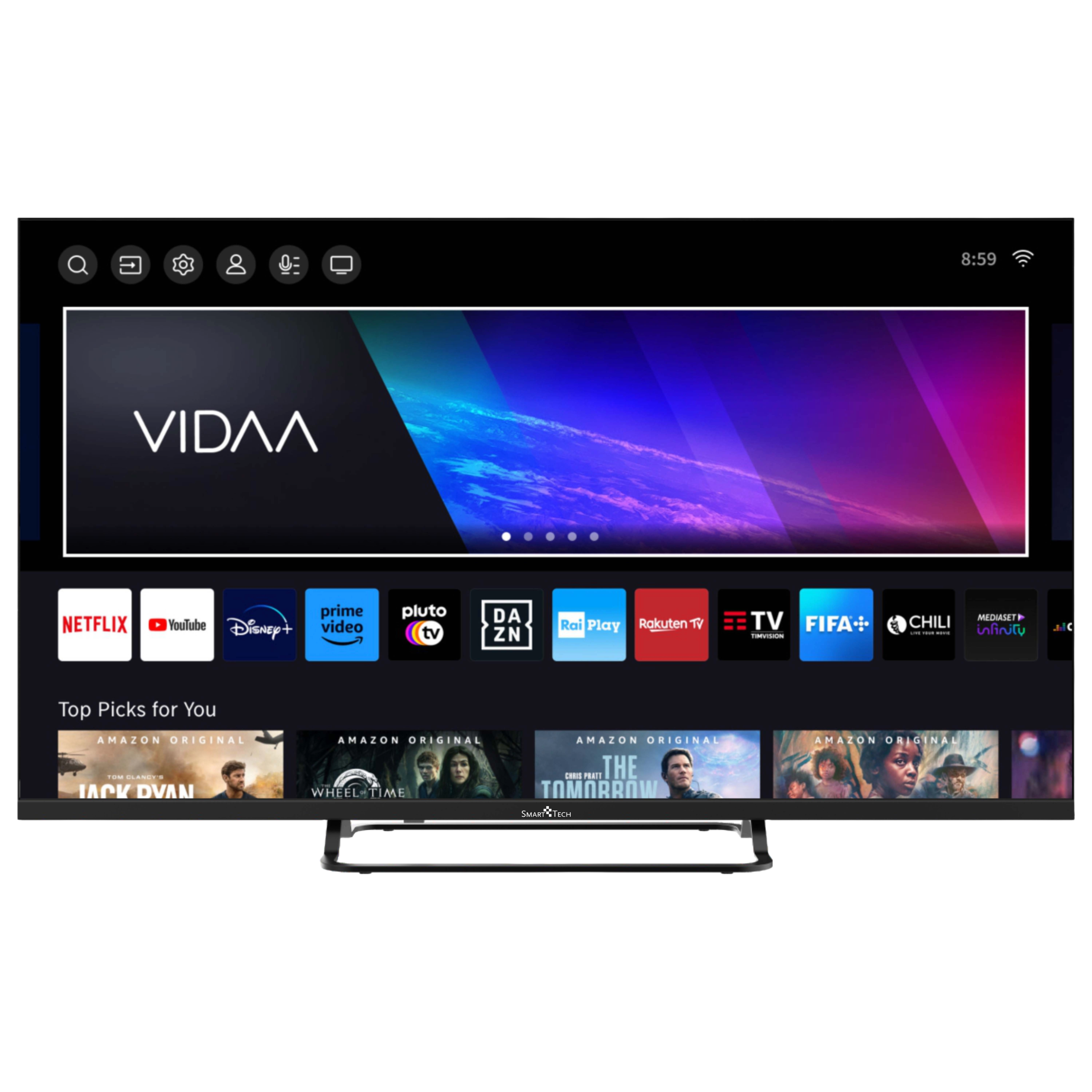 Smart TV mostrando la interfaz VIDAA con aplicaciones. Debajo, se muestran programas originales de Amazon.