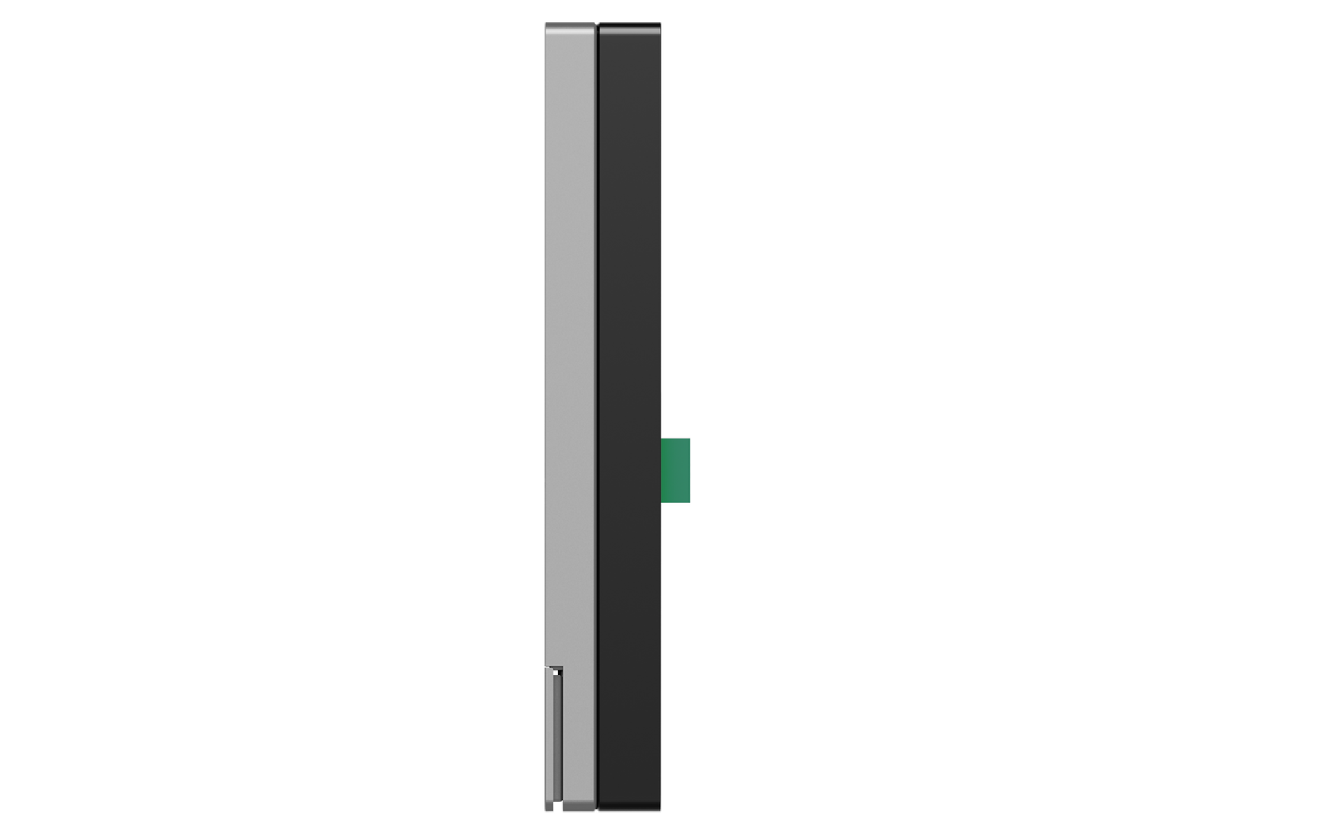 Eine Seitenansicht eines dunklen elektronischen Geräts vor einem schwarzen Hintergrund.