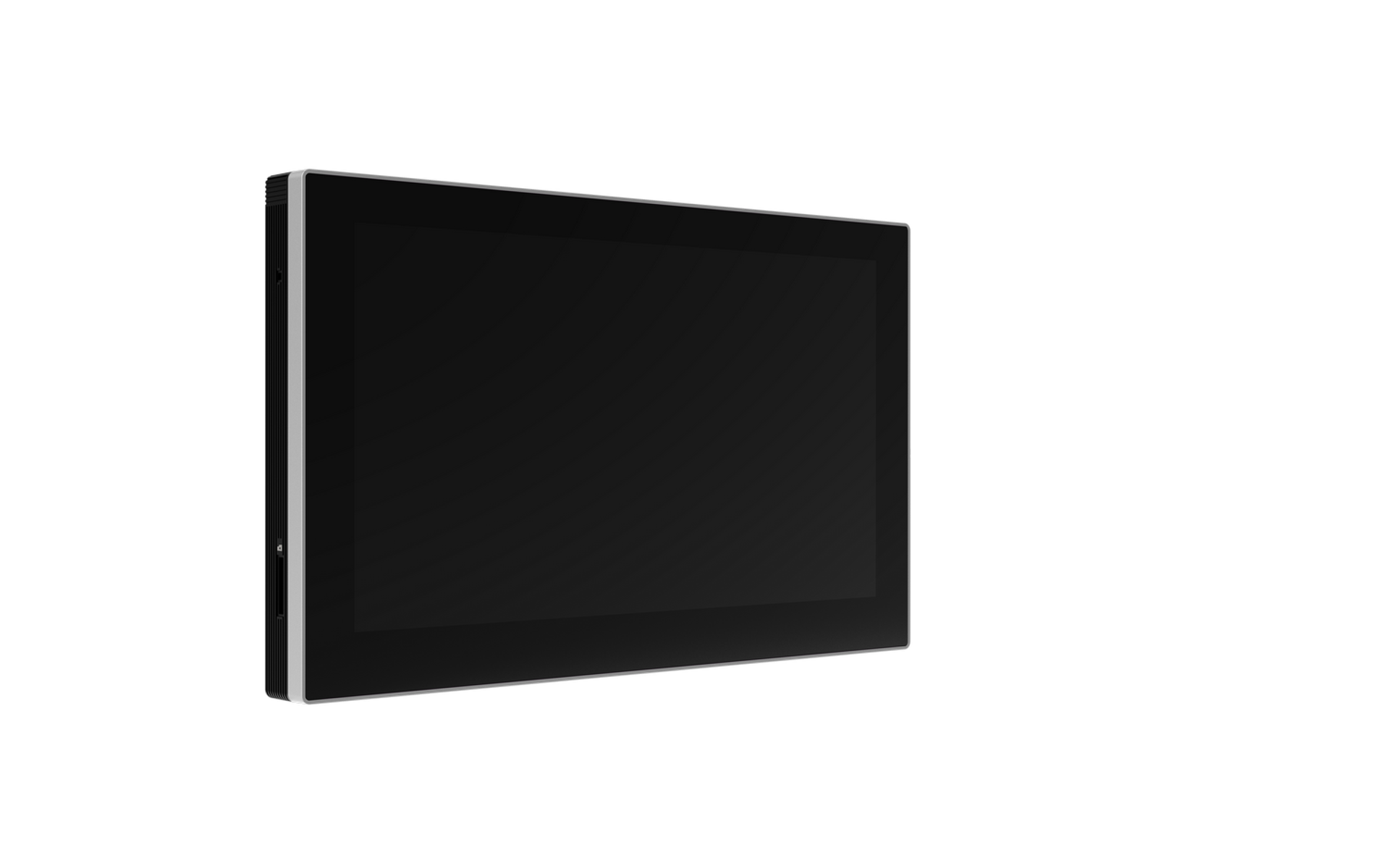 Ein großer schwarzer Touchscreen-Monitor mit silbernem Rahmen, abgewinkelt vor schwarzem Hintergrund.