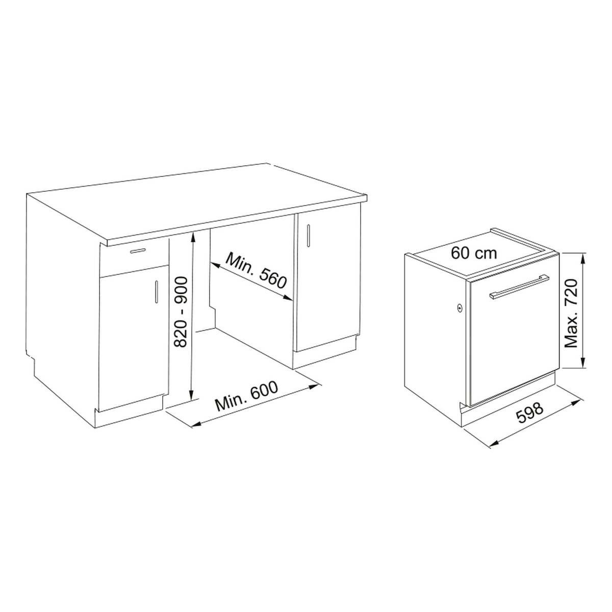 Disegno al tratto di un mobile da cucina e una lavastoviglie, con dimensioni.