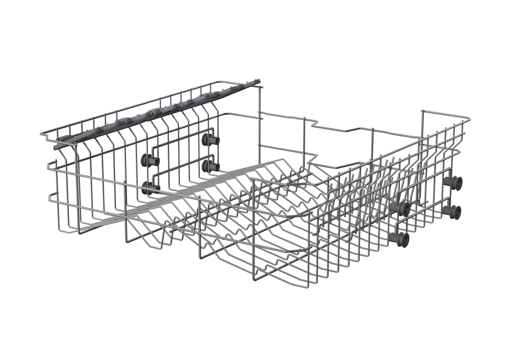 Een metalen vaatwasser mand, open en leeg, met een draadframe constructie.