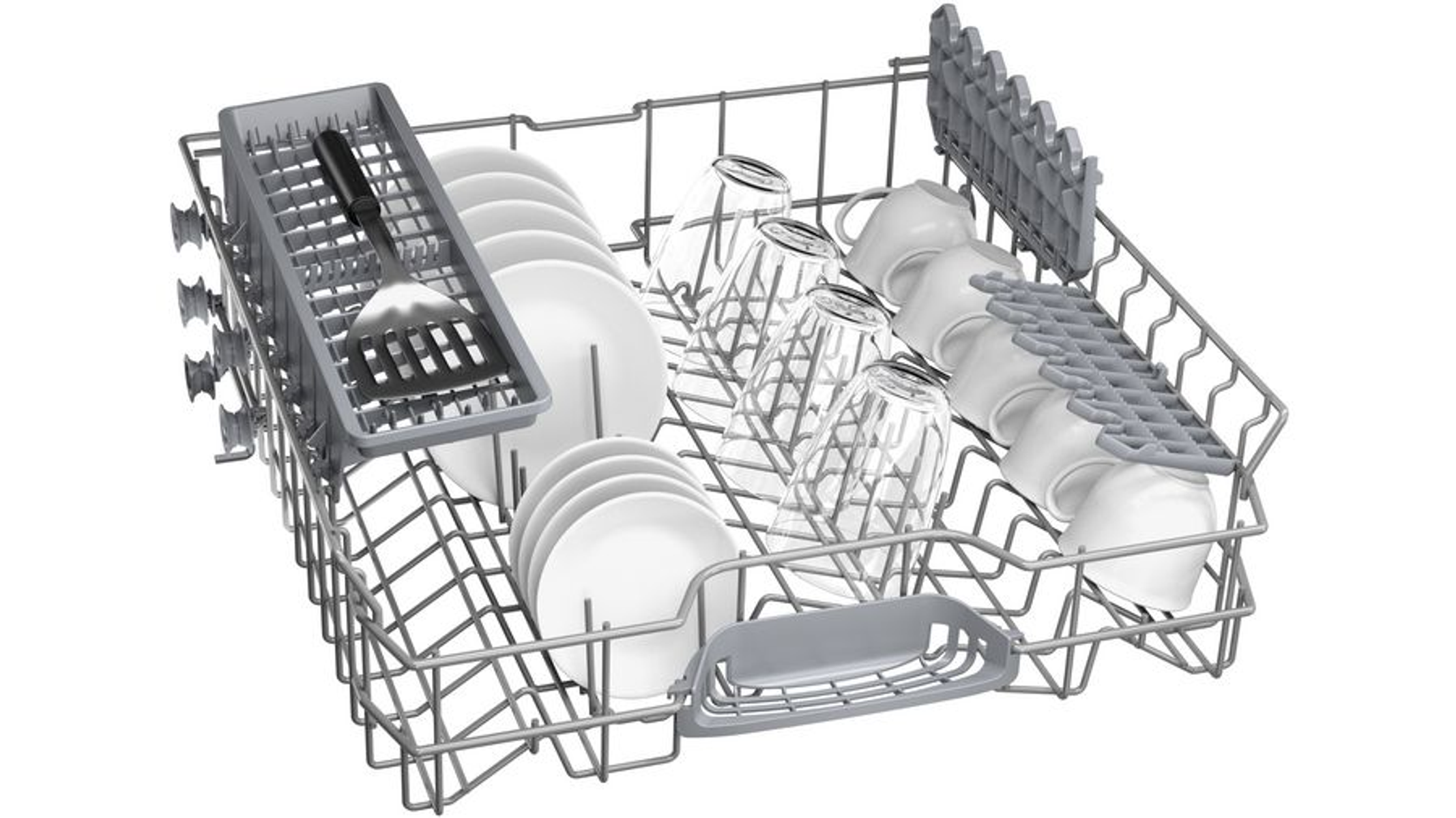 Wnętrze zmywarki z talerzami, szklankami i sztućcami.