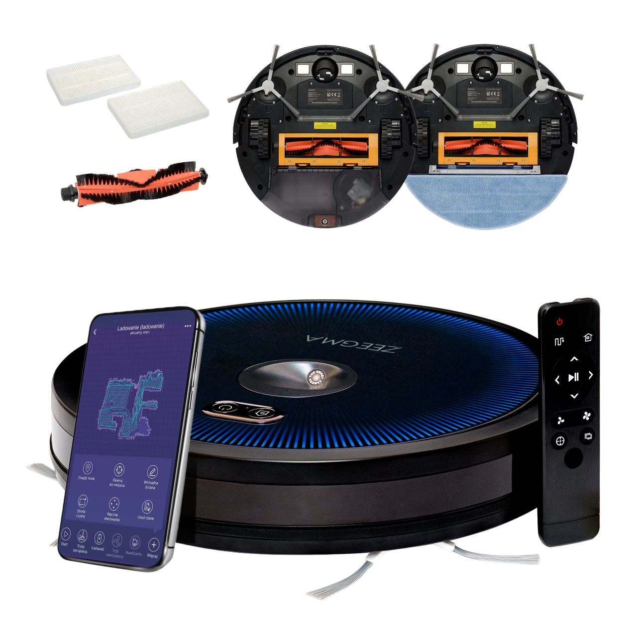 Odkurzacz robot z akcesoriami, w tym częściami zamiennymi i pilotem.