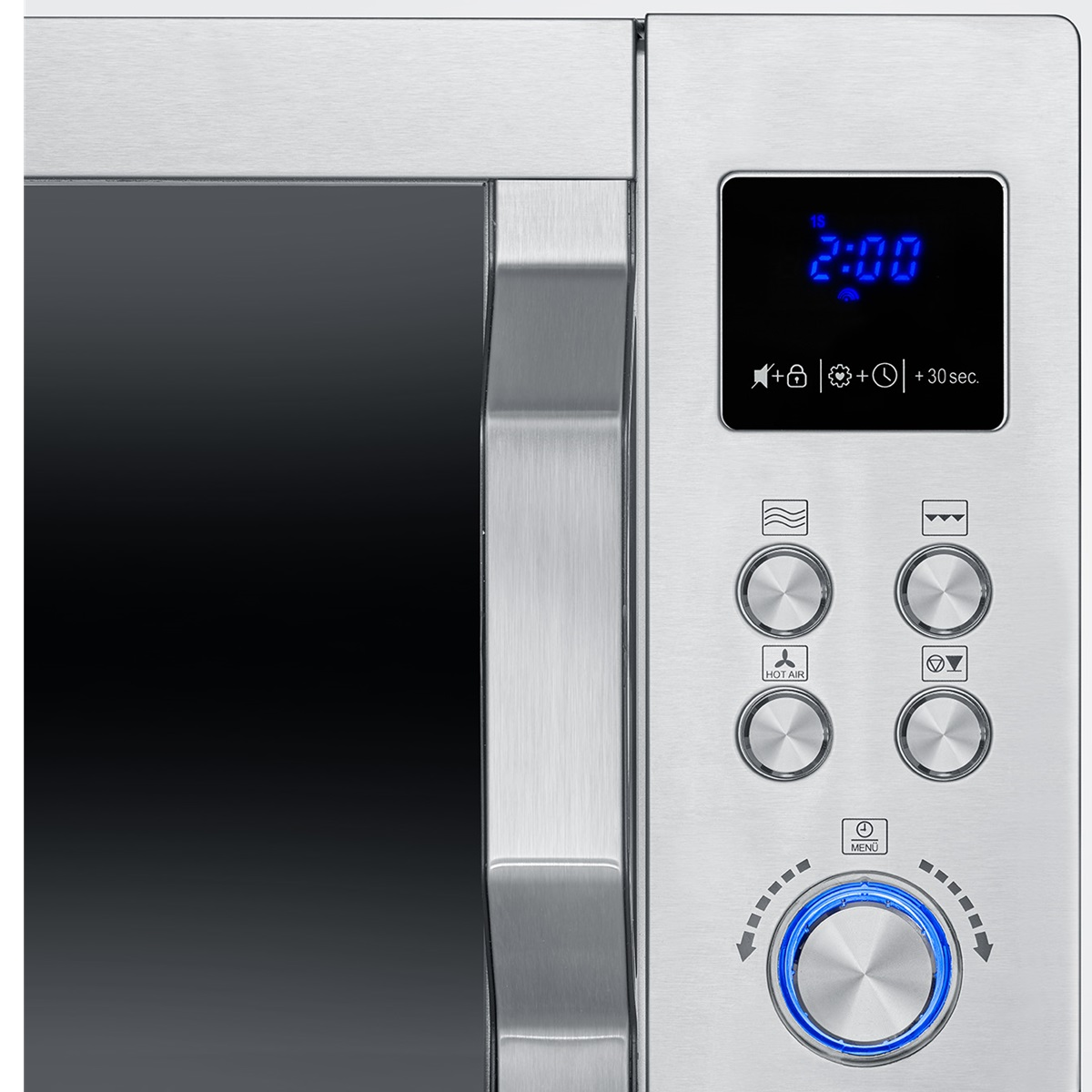 Zbliżenie panelu sterowania kuchenki mikrofalowej pokazujące godzinę i przyciski.