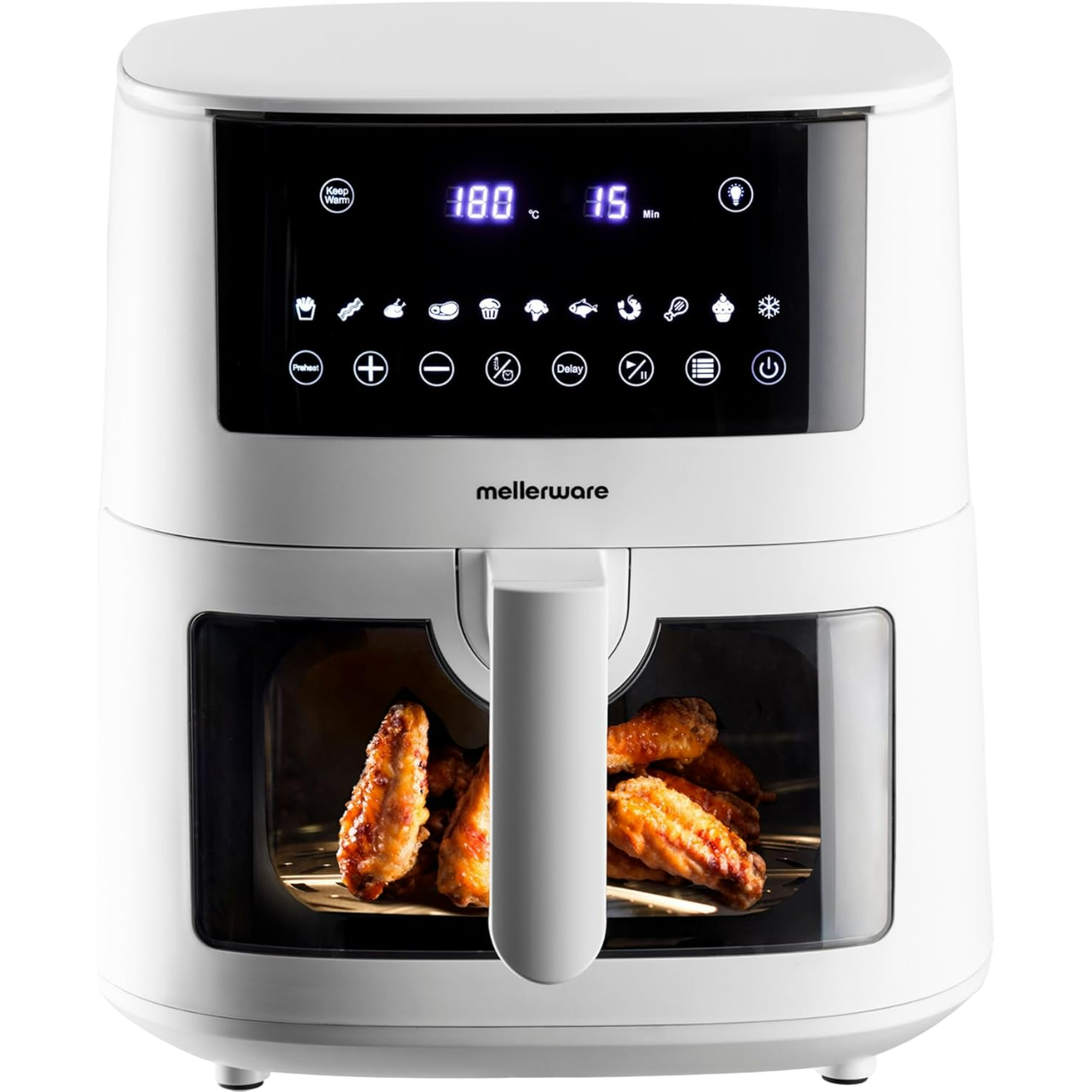 Freidora de aire blanca con una pantalla digital que muestra la configuración. Dentro, hay alitas de pollo cocinadas.