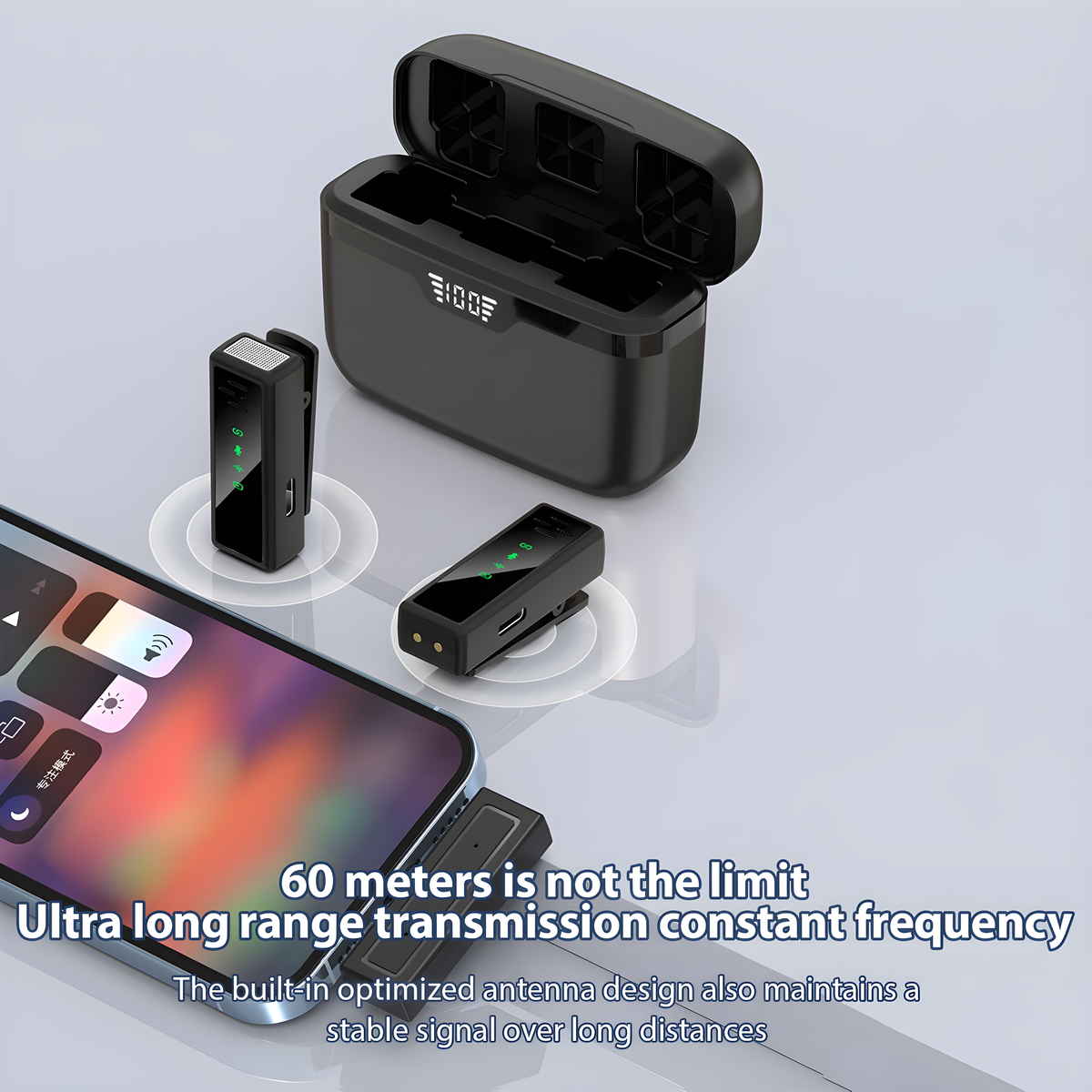 Kabellose Mikrofone mit Ladekoffer und Telefon. Text auf dem Bild.