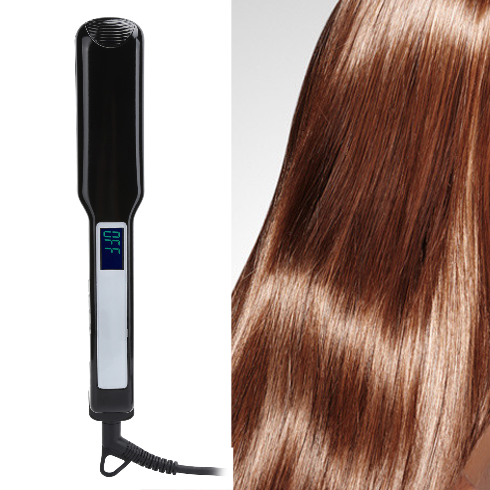 Schwarzer Haarglätter neben glänzendem, glattem, braunem Haar. Weißer Hintergrund.