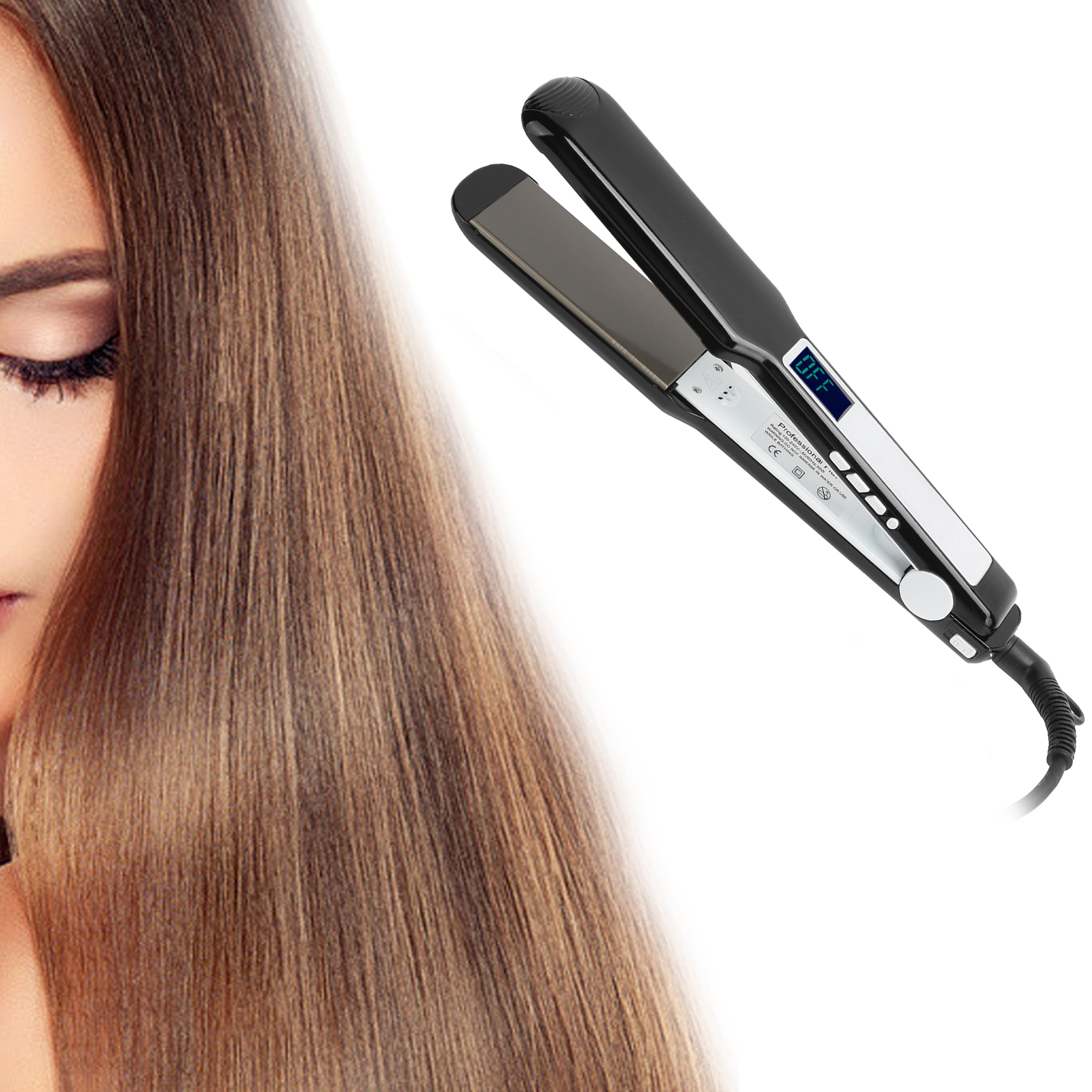 Frau und Haarglätter. Der Haarglätter ist schwarz mit digitaler Anzeige.