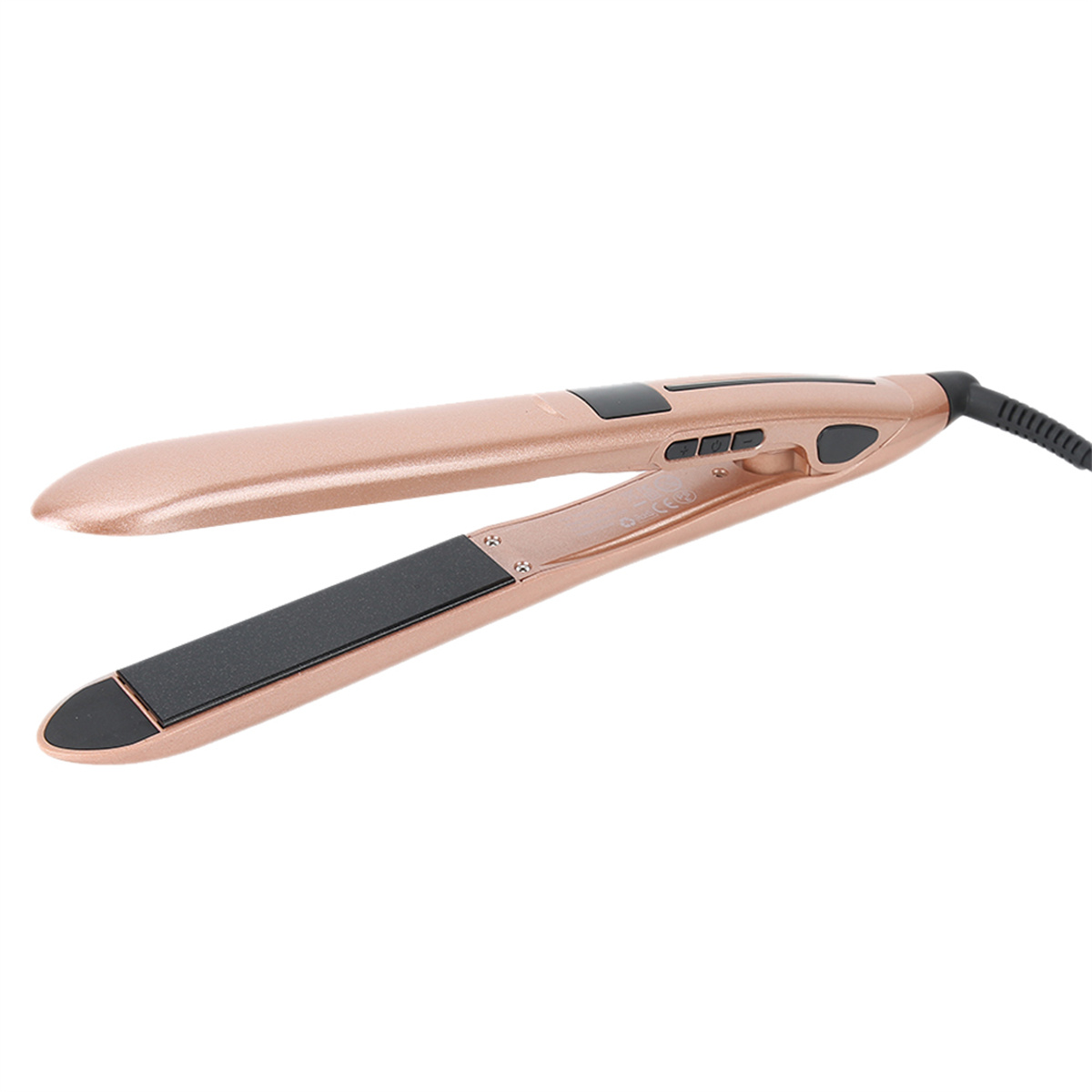 Haarglätter in Roségold, geöffnet mit schwarzen Platten, vor weißem Hintergrund.
