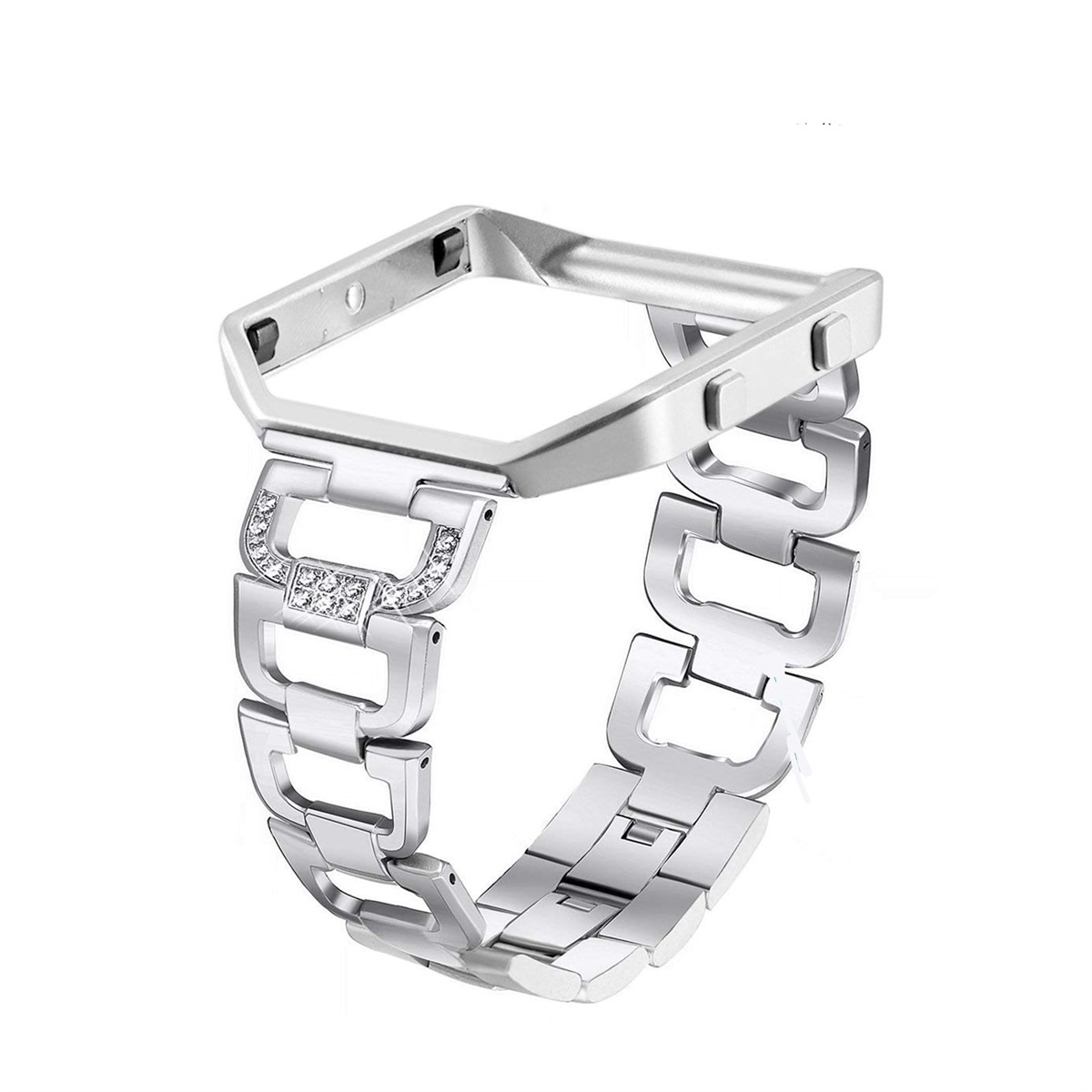 Ein silbernes Uhrenarmband mit rechteckigem Rahmen und dekorativen Gliedern mit kleinen Kristallen.