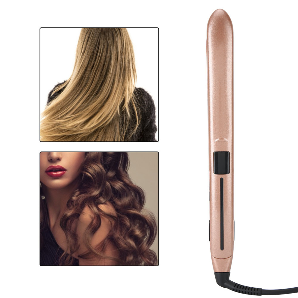 Lockenstab in Roségold neben Bildern von blondem und brünettem Haar.