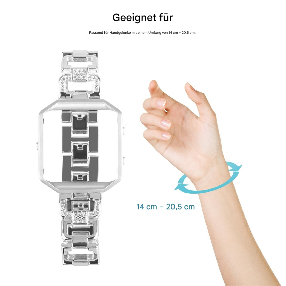 Ein silbernes Uhrenarmband mit Strassdetails neben einer Hand, die den Größenbereich von 14-20,5 cm zeigt.