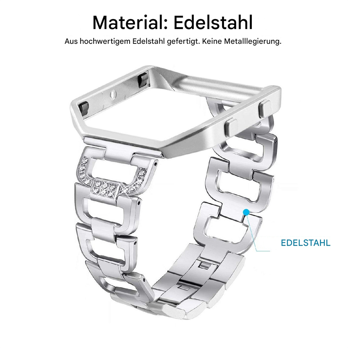 Silbernes Armband mit glänzendem, detailliertem Design. Das Wort 'Edelstahl' ist sichtbar.