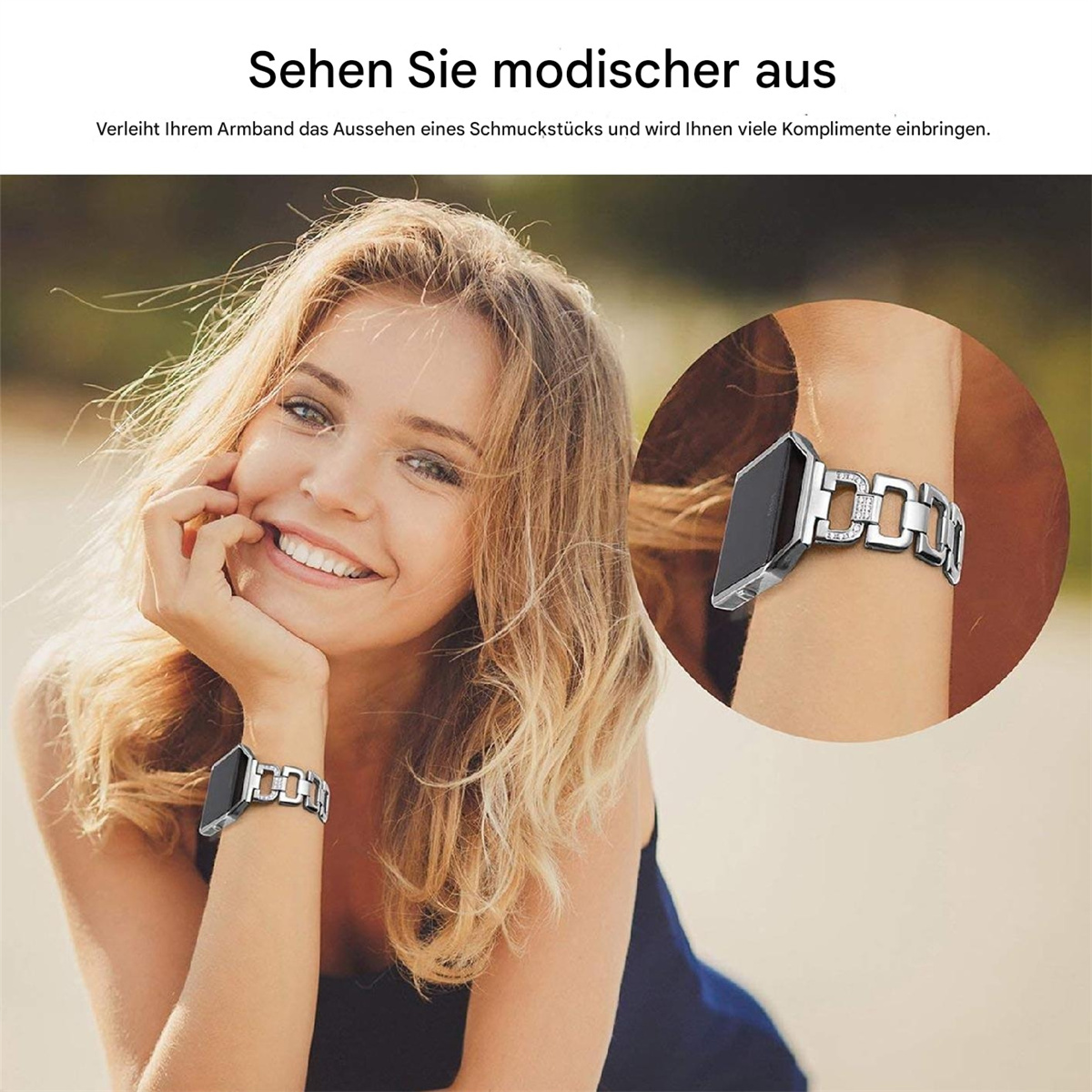 Eine Frau, die eine silberne Uhr mit einem Bling-Armband trägt.