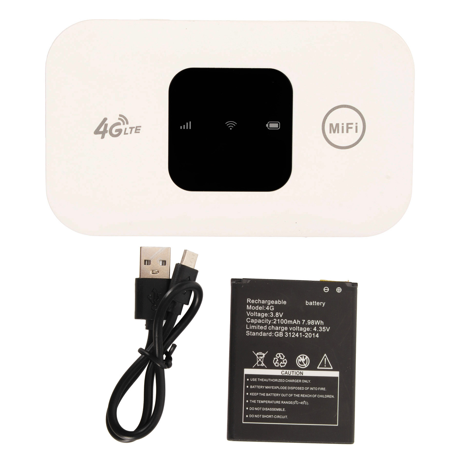 Weißer MiFi-Router, schwarzer Bildschirm und Akku sowie USB-Kabel.