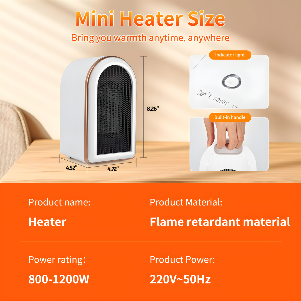 Weißer Mini-Heizlüfter mit Abmessungen. Details: Kontrollleuchte, Griff, Produktname, Material, Nennleistung.