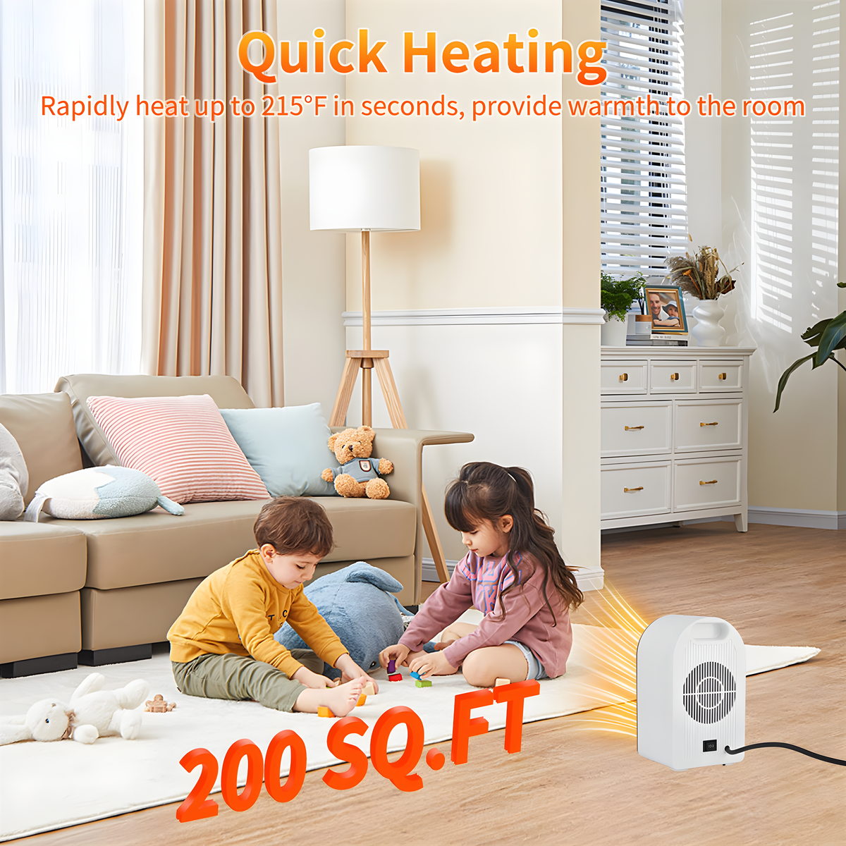 Zwei Kinder, ein Junge und ein Mädchen, spielen mit Spielzeug in der Nähe einer weißen Heizung. Text: Quick Heating, 200 SQ.FT.