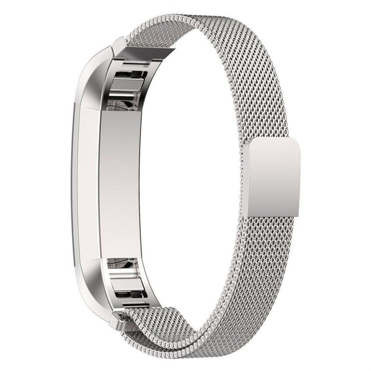Silbernes Smartwatch-Armband. Es ist ein Mesh-Armband mit einem rechteckigen Verschluss.