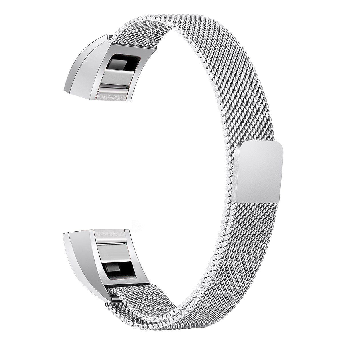 Ein silbernes, metallisches Armband. Es hat ein Netzdesign und zwei Verbindungsstücke.