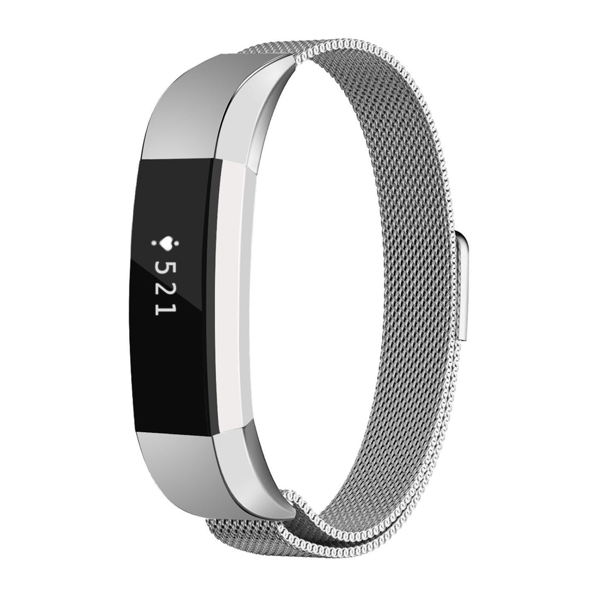 Ein silberner Fitnesstracker mit Mesh-Armband, Anzeige '521'.