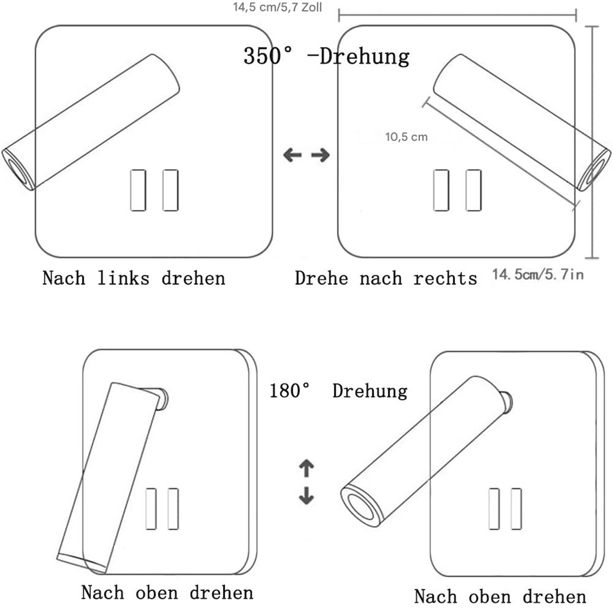 Diagramm einer sich drehenden Leuchte, das 350° und 180° Drehungen mit Abmessungen und Beschriftungen zeigt.