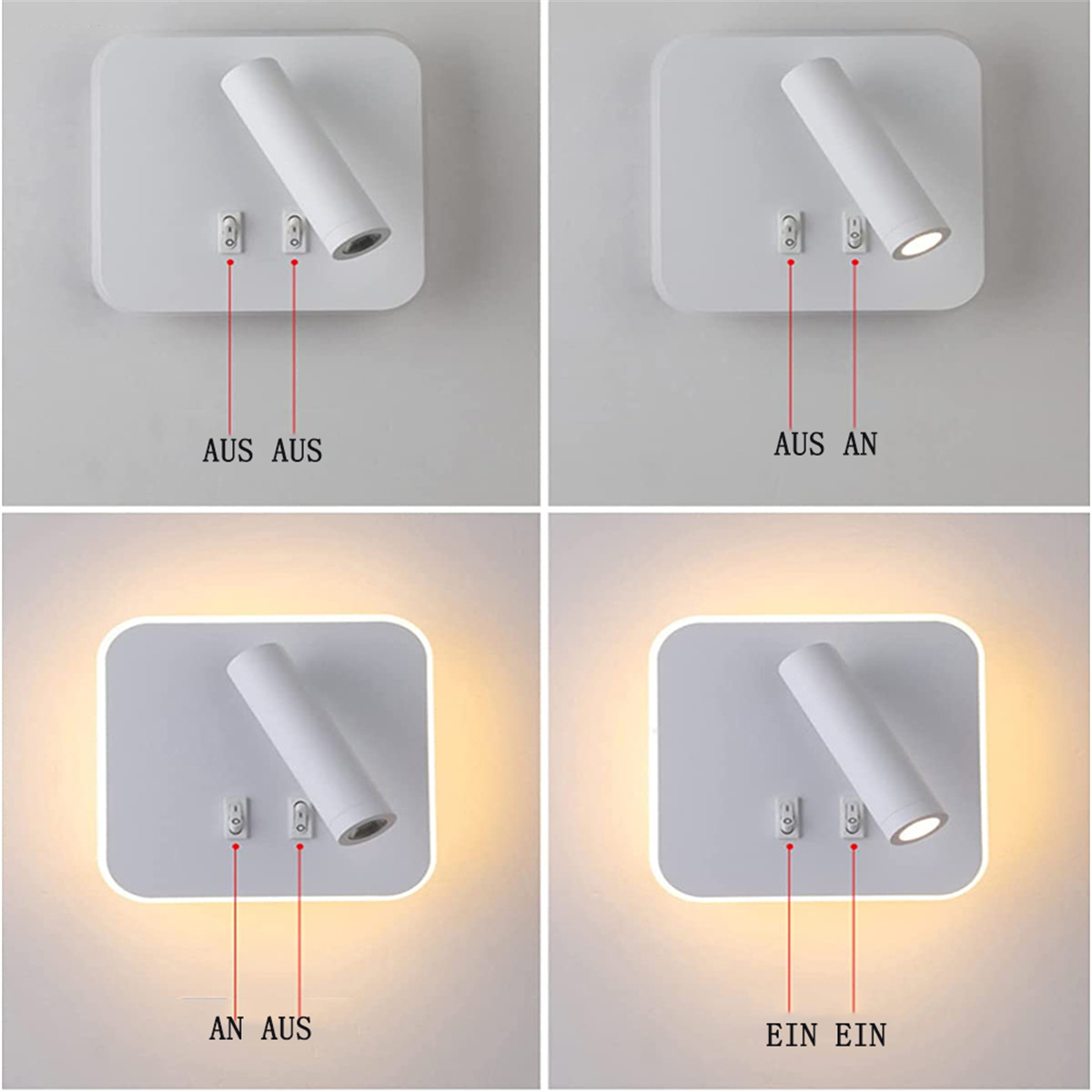 Vier weiße Wandlampen. Jede hat einen Schalter. Zwei sind an, zwei sind aus.