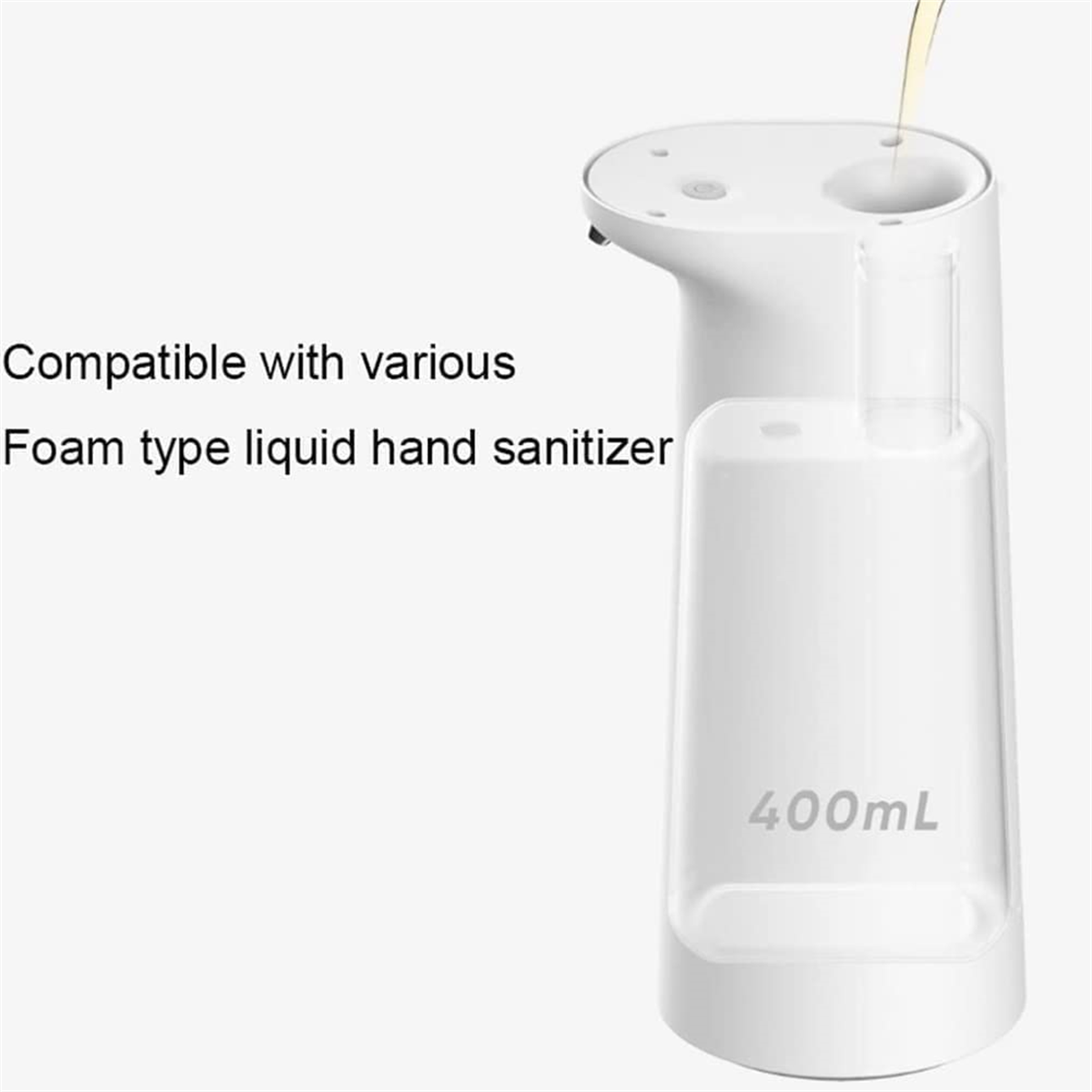 Weißer automatischer Schaum-Händedesinfektionsmittelspender mit 400 ml Fassungsvermögen und Flüssigkeit, die eingefüllt wird.