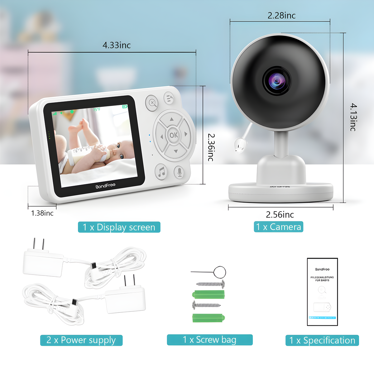 Babyphone-System mit Bildschirm, Kamera, Netzteilen und Spezifikation.