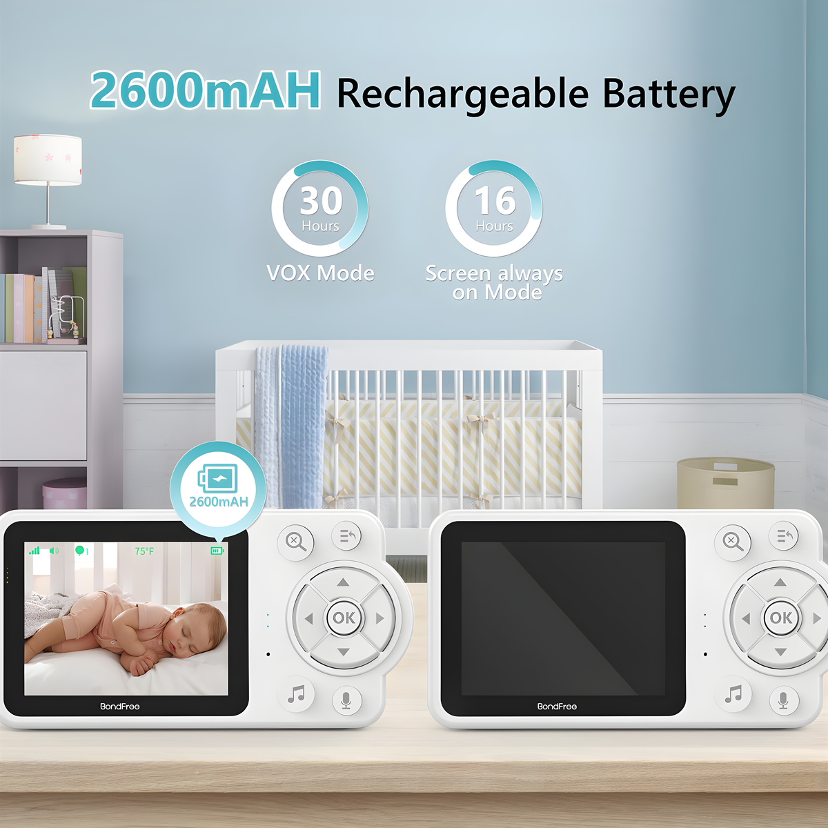 Zwei Babyphone, eines zeigt ein Baby, mit Lade- und Einstellungsdetails.