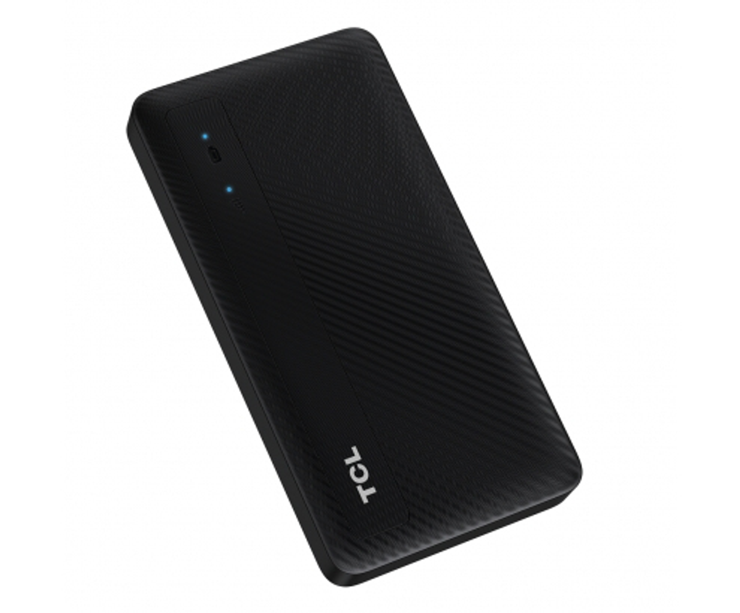 Czarny power bank TCL, z teksturowaną powierzchnią i dwiema niebieskimi lampkami kontrolnymi. Białe tło.