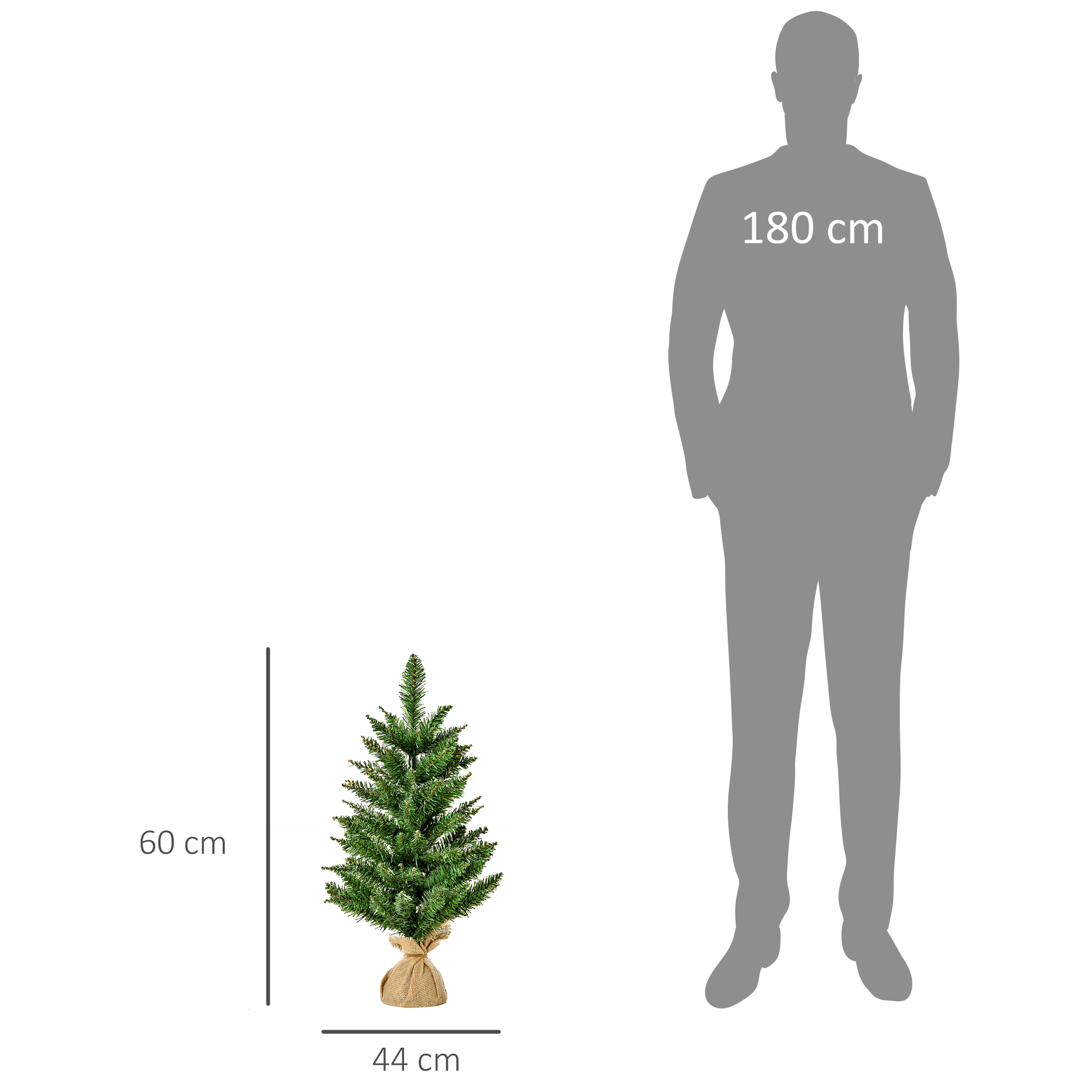 Un pequeño árbol de Navidad con base de arpillera, junto a la silueta de una persona, con medidas de altura.
